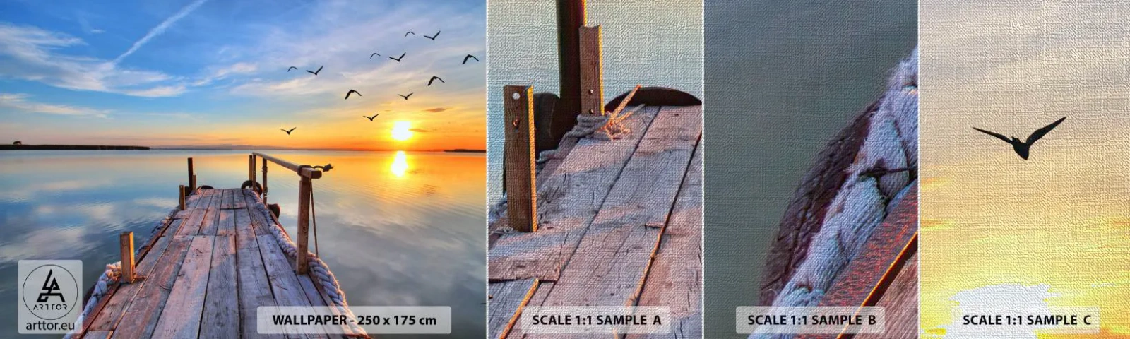 Fototapeten Muster Premium Canvas - Lauf direkt der Sonne entgegen - Landschaft, See, Holzbrücke - 100x30 cm