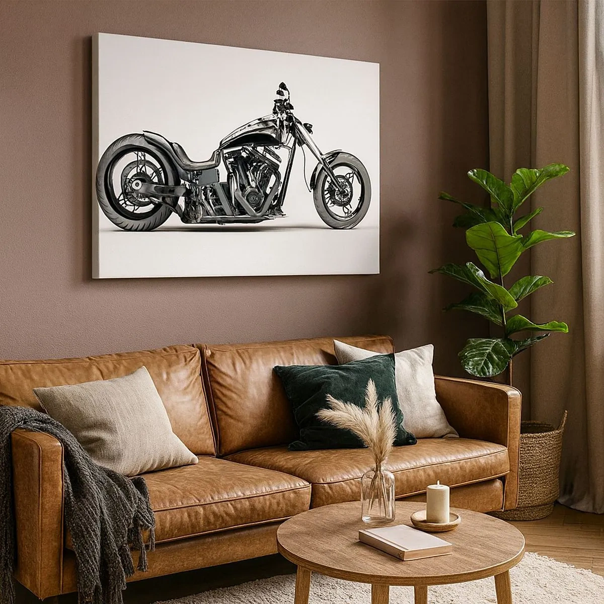 Bild auf Leinwand - Leinwandbild - Stilvolles schwarzes Custom-Motorrad auf weißem Hintergrund - 70x50cm - Für alle, die die Freiheit lieben - Moderne Wanddekoration für Wohnzimmer und Schlafzimmer ARTTOR