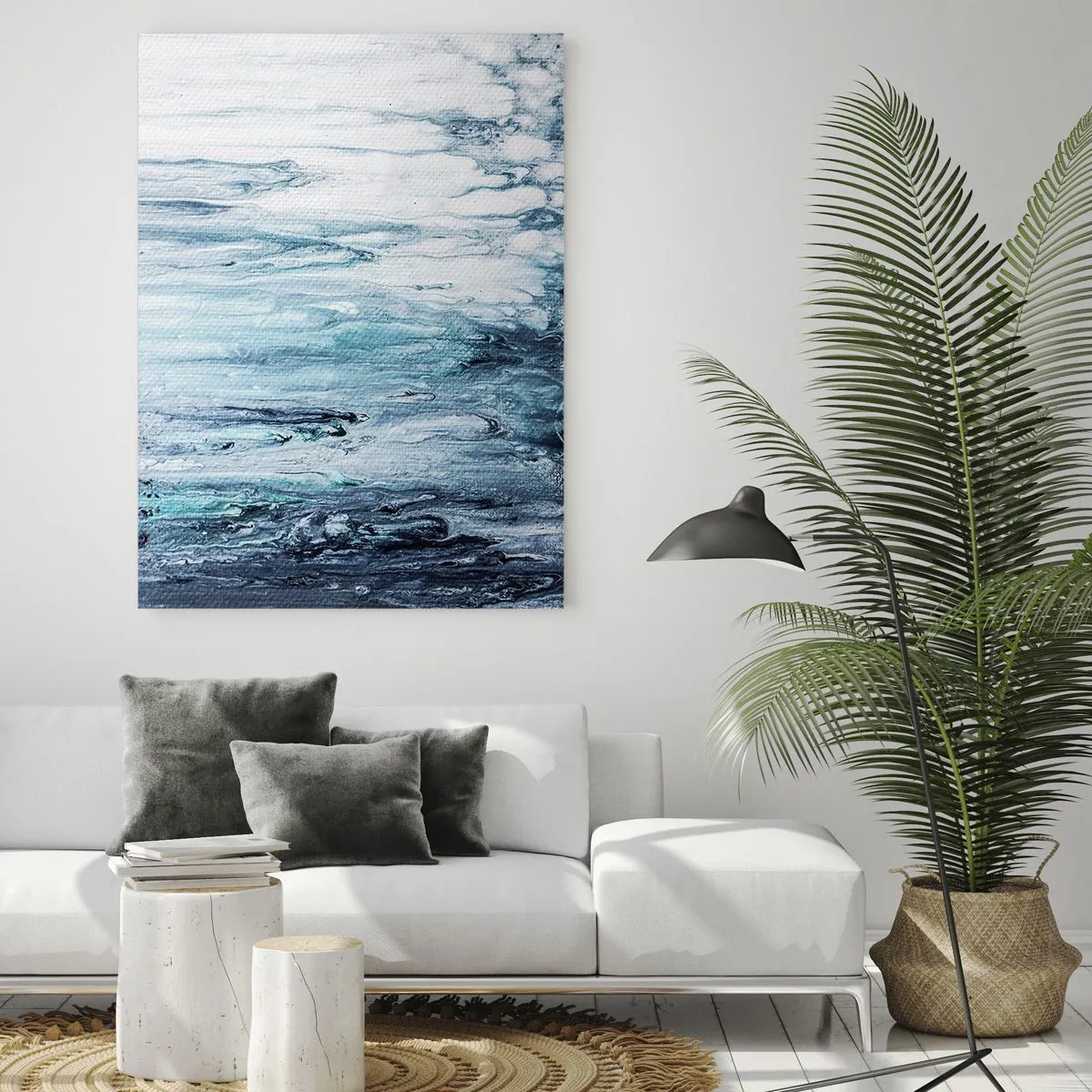 Glasbild - Bild auf glas - Ein abstraktes Muster, das Wasserströmen in Blautönen ähnelt. - 50x70cm - Blaue Eiszapfen - Moderne Wanddekoration für Wohnzimmer und Schlafzimmer ARTTOR