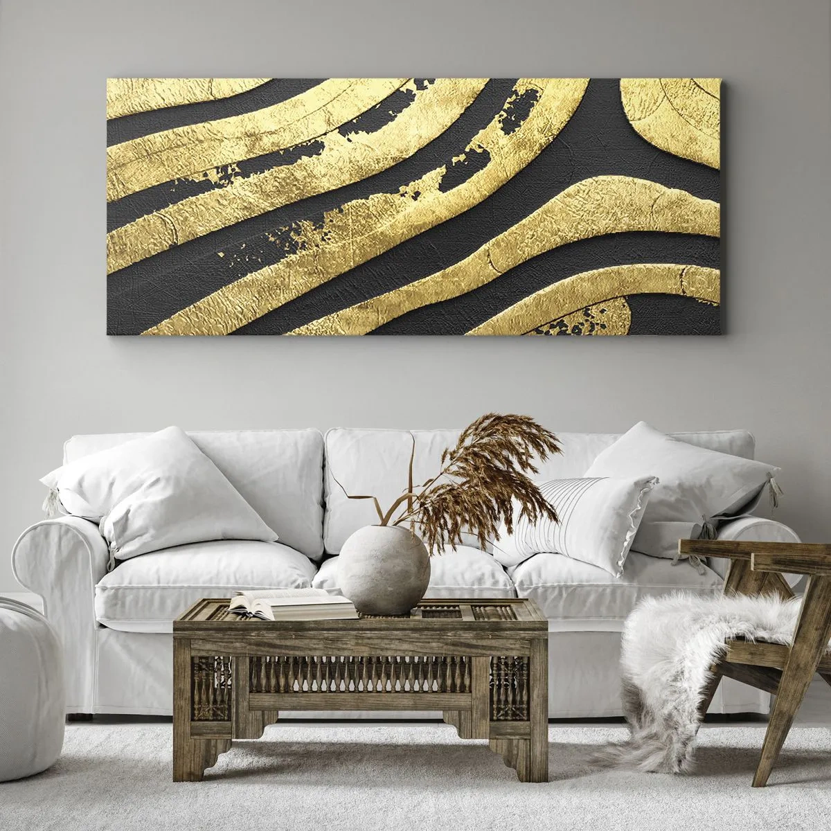Bild auf Leinwand - Leinwandbild - Goldene abstrakte Wellen auf schwarzem Hintergrund - 160x50cm - Alles fließt - Moderne Wanddekoration für Wohnzimmer und Schlafzimmer ARTTOR