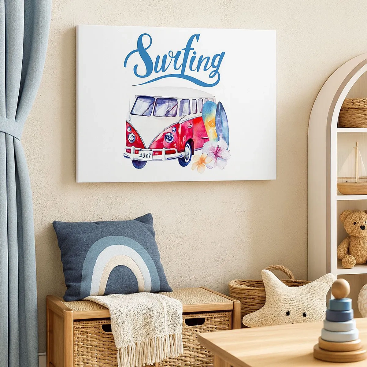 Bild auf Leinwand - Leinwandbild - Bunte Grafiken mit einem Bus und einem Surfthema - 70x50cm - Gurke - ein Klassiker für einen Surfer - Moderne Wanddekoration für Wohnzimmer und Schlafzimmer ARTTOR