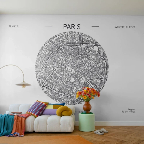 Fototapete Standard Eco - Eine Karte von Paris in Form eines Kreises auf weißem Hintergrund - 100x70cm - Anatomie von Paris - Moderne Wanddekoration für Wohnzimmer und Schlafzimmer ARTTOR