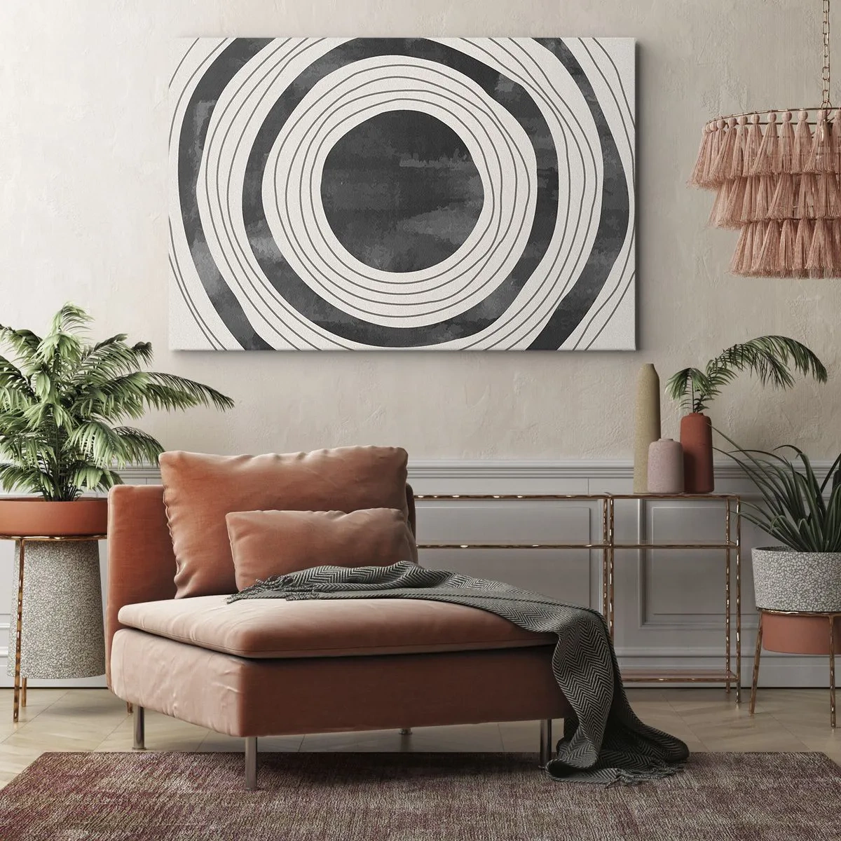 Bild auf Leinwand - Leinwandbild - Schwarze und weiße konzentrische Kreise auf hellem Hintergrund - 120x80cm - Auf den Punkt gebracht - Moderne Wanddekoration für Wohnzimmer und Schlafzimmer ARTTOR