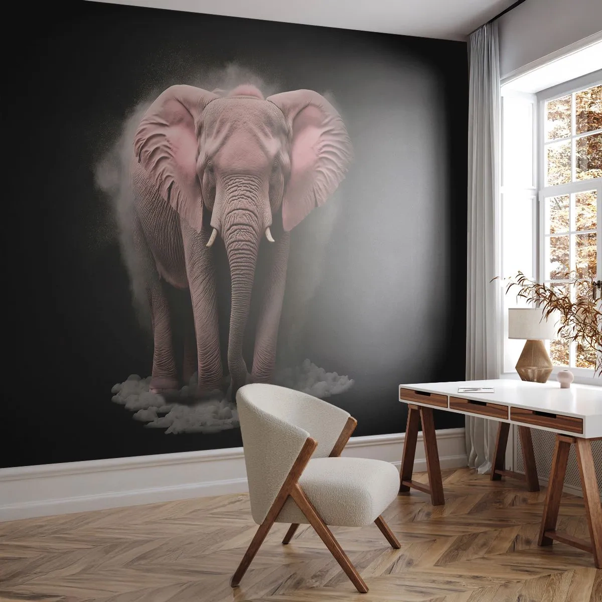 Fototapete Premium Sand - Ein rosa Elefant, der aus einem dunklen Hintergrund auftaucht - 100x70cm - Denke nicht an einen rosa Elefanten! - Moderne Wanddekoration für Wohnzimmer und Schlafzimmer ARTTOR