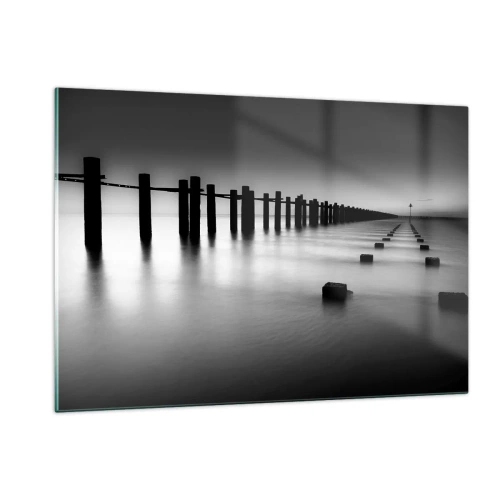 Glasbild - Bild auf glas - Ein minimalistischer schwarz-weißer Pier auf ruhigem Wasser - 120x80cm - Graue Distanz im Nebel - Moderne Wanddekoration für Wohnzimmer und Schlafzimmer ARTTOR