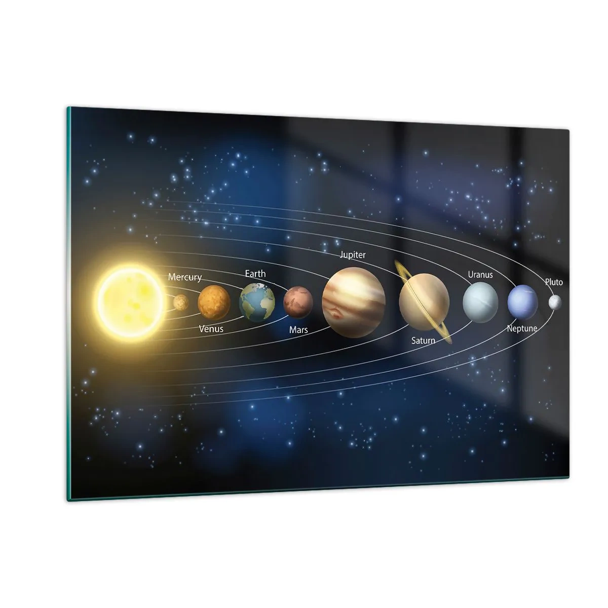 Glasbild - Bild auf glas - Das Sonnensystem mit Planeten und Sternen im Hintergrund - 120x80cm - Einer von zehn - Moderne Wanddekoration für Wohnzimmer und Schlafzimmer ARTTOR