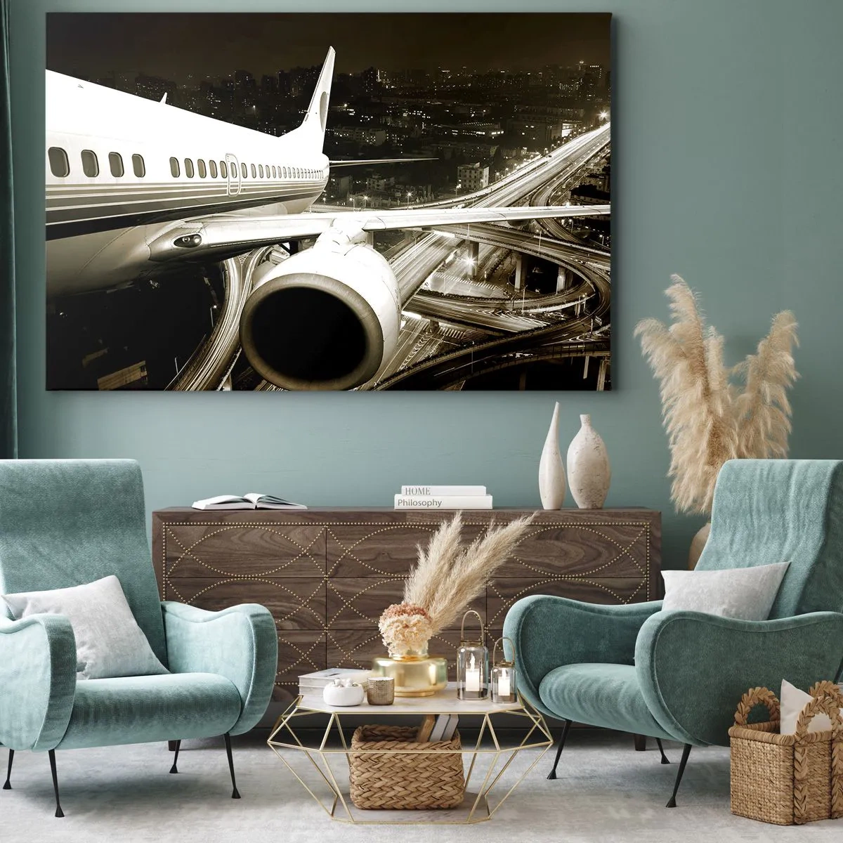 Bild auf Leinwand - Leinwandbild - Ein Flugzeug über einer nächtlichen Stadt mit beleuchteten Autobahnen - 70x50cm - In die Nacht fliegen - Moderne Wanddekoration für Wohnzimmer und Schlafzimmer ARTTOR