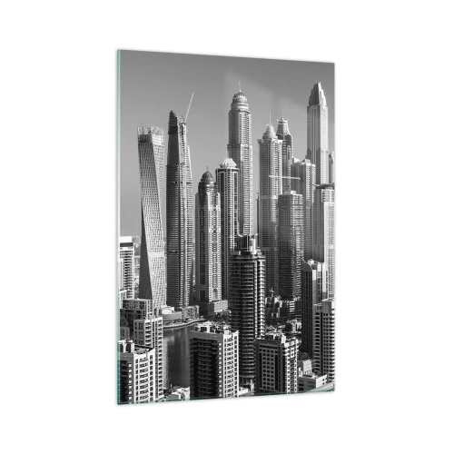 Glasbild - Bild auf glas - Panorama moderner Wolkenkratzer in monochromen Tönen - 70x100cm - Stadt in der Wüste - Moderne Wanddekoration für Wohnzimmer und Schlafzimmer ARTTOR