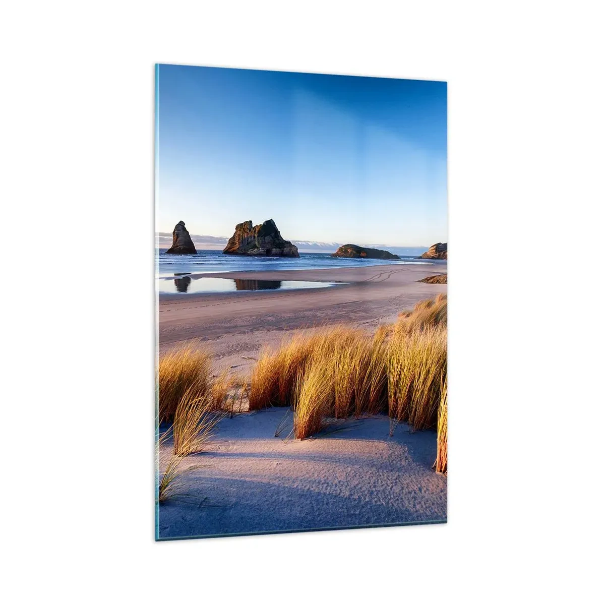 Glasbild - Bild auf glas - Ein malerischer Strand mit Blick auf die Felsen und das Meer bei Sonnenuntergang - 80x120cm - Für Friedenssuchende - Moderne Wanddekoration für Wohnzimmer und Schlafzimmer ARTTOR