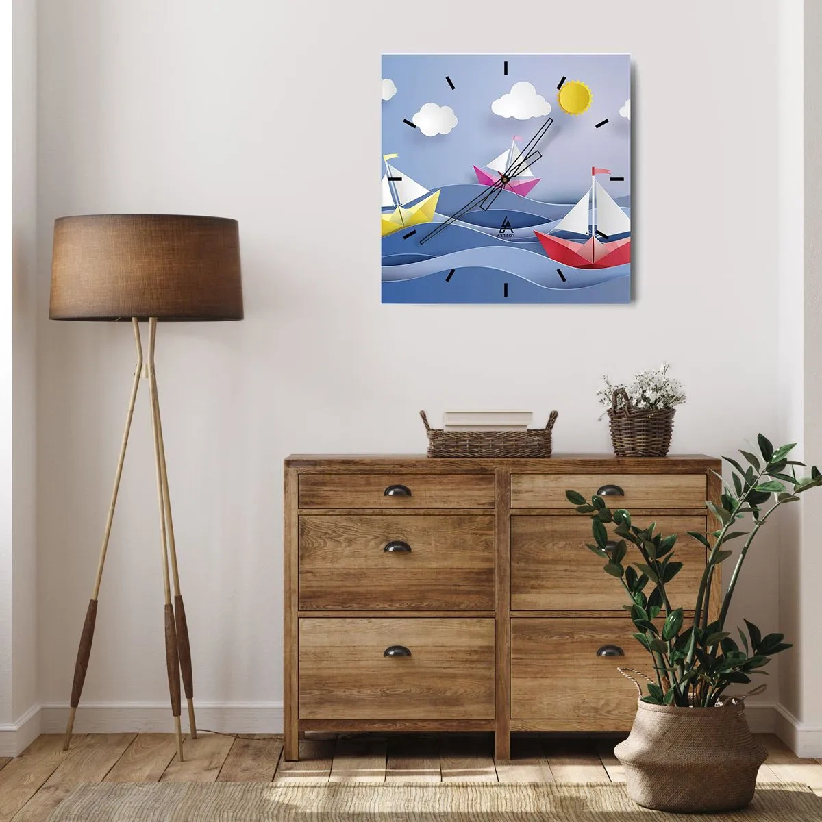 Wanduhr - Glasuhr - Bunte Segelboote auf den Wellen an einem sonnigen Tag - 30x30cm - Ach, wie schön ist es, in den Wellen zu schwingen - Moderne Wanddekoration für Wohnzimmer und Schlafzimmer ARTTOR
