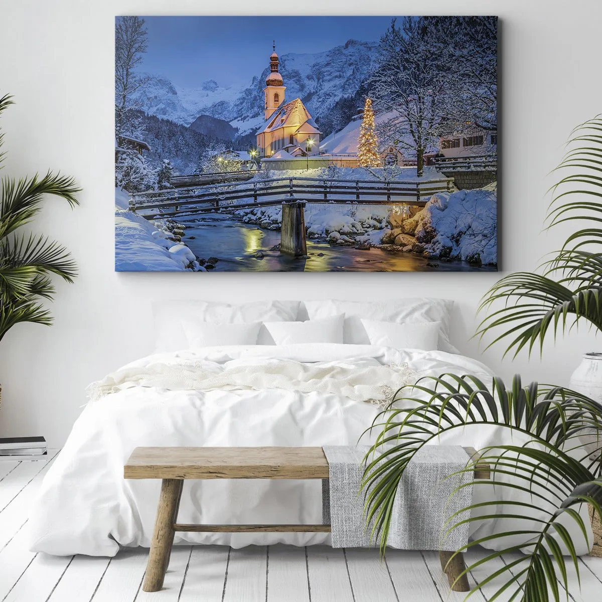 Bild auf Leinwand - Leinwandbild - Winterlandschaft mit Kirche, Brücke und Bergen in der Abenddämmerung - 120x80cm - Weihnachtsgeist - Moderne Wanddekoration für Wohnzimmer und Schlafzimmer ARTTOR