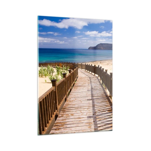 Glasbild - Bild auf glas - Holzweg am Strand, der zum Meer führt - 50x70cm - Bring mich zu den glücklichen Inseln - Moderne Wanddekoration für Wohnzimmer und Schlafzimmer ARTTOR