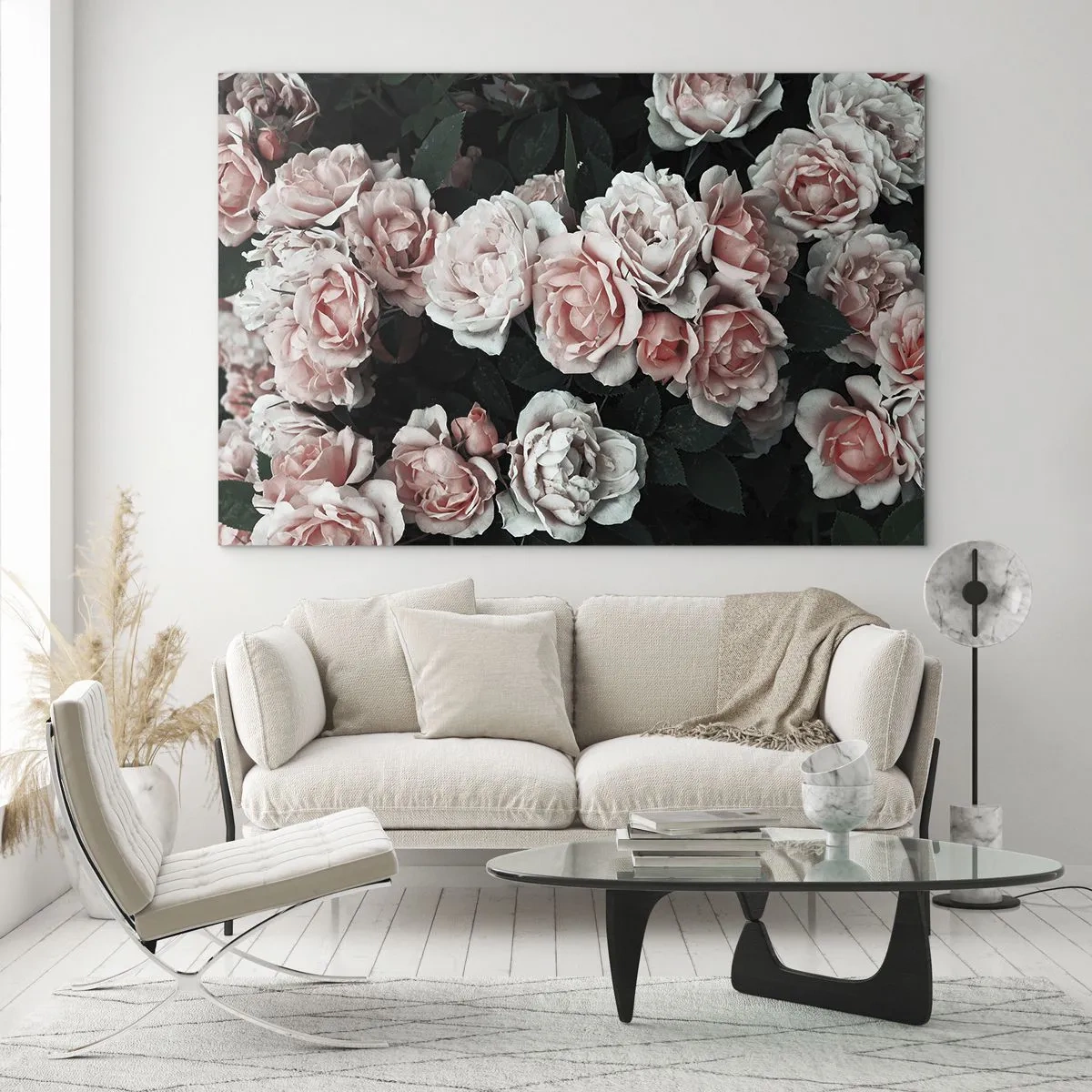Glasbild - Bild auf glas - Eine Nahaufnahme eines Straußes rosa Rosen auf dunklem Hintergrund - 70x50cm - Rosen-Ensemble - Moderne Wanddekoration für Wohnzimmer und Schlafzimmer ARTTOR