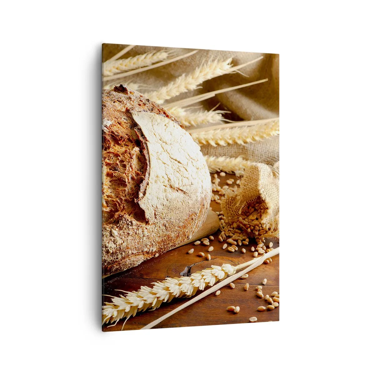 Bild auf Leinwand - Leinwandbild - Knuspriges Brot mit Körnern und Weizenähren auf Holzhintergrund - 70x100cm - Appetitanregend, duftend, knackig - Moderne Wanddekoration für Wohnzimmer und Schlafzimmer ARTTOR