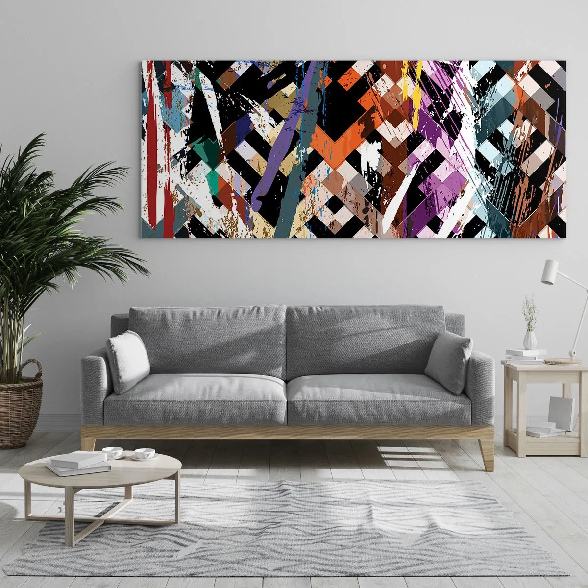 Glasbild - Bild auf glas - Abstrakte Komposition mit farbigen Linien auf schwarzem Hintergrund - 140x50cm - Quadriert - Moderne Wanddekoration für Wohnzimmer und Schlafzimmer ARTTOR