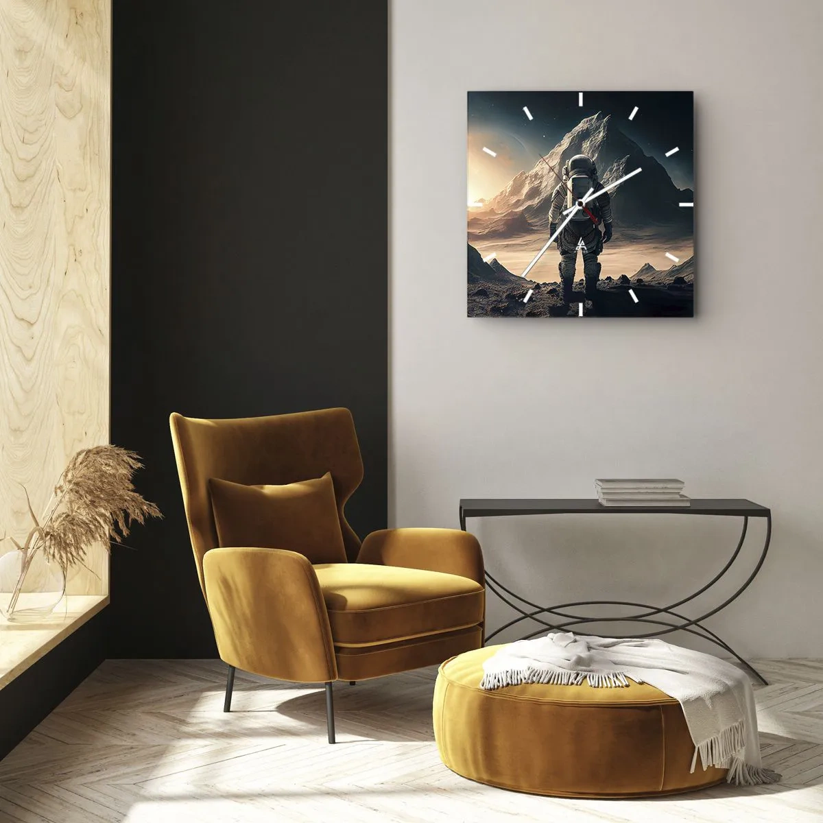 Wanduhr - Glasuhr - Astronaut vor der Kulisse majestätischer Berge - 30x30cm - Neue Herausforderung - Moderne Wanddekoration für Wohnzimmer und Schlafzimmer ARTTOR
