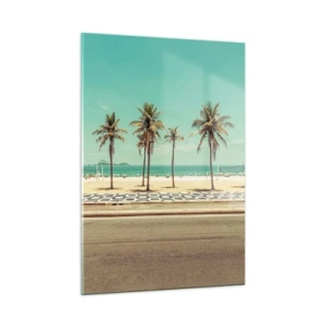 Glasbild - Bild auf glas - Palmen an der Promenade mit Strand und Meer im Hintergrund - 50x70cm - Beim Bewachen des Strandes - Moderne Wanddekoration für Wohnzimmer und Schlafzimmer ARTTOR