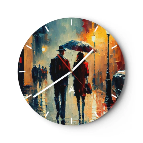 Wanduhr - Glasuhr - Ein Paar unter einem Regenschirm in einer städtischen Umgebung, gemalt mit einem Spachtel - 30x30cm - Urbane Liebesgeschichte - Moderne Wanddekoration für Wohnzimmer, Küche und Schlafzimmer ARTTOR