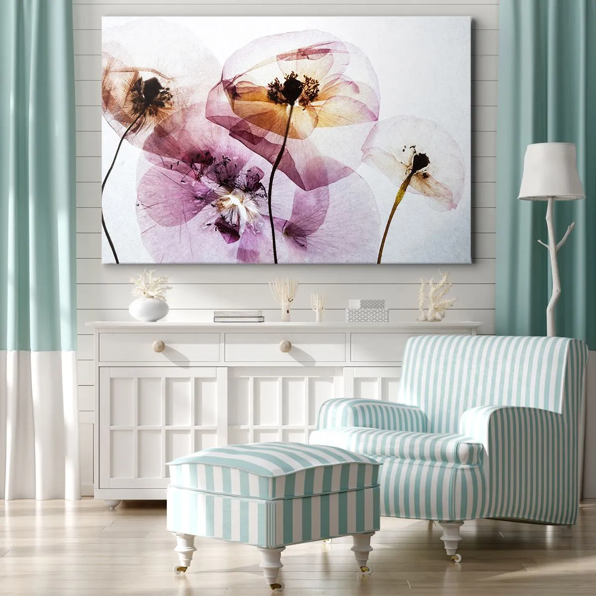 Bild auf Leinwand - Leinwandbild - Zarte transparente Blüten in Pastelltönen - 70x50cm - Transparente Körperblumen - Moderne Wanddekoration für Wohnzimmer und Schlafzimmer ARTTOR