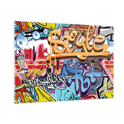 Glasbild - Bild auf glas - Bunte Graffiti mit dynamischen Inschriften und Zeichnungen - 100x70cm - Wandbilder, Wandbilder, Wandbilder ... - Moderne Wanddekoration für Wohnzimmer und Schlafzimmer ARTTOR