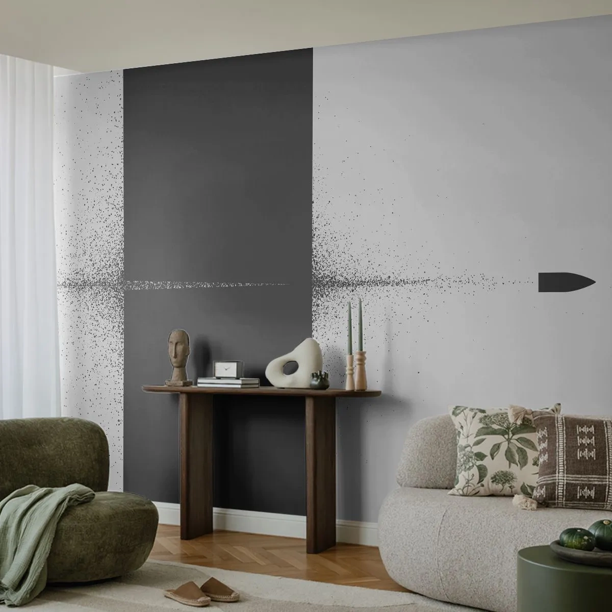 Fototapete Premium Sand - Minimalistische Grafik eines Balls, der eine Wand durchbohrt - 100x70cm - Direkt zum Ziel - Moderne Wanddekoration für Wohnzimmer und Schlafzimmer ARTTOR