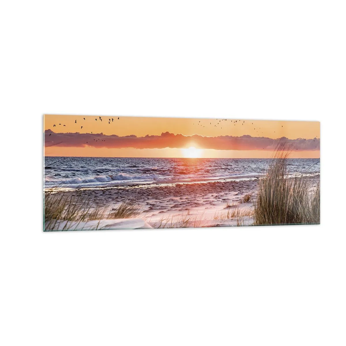 Glasbild - Bild auf glas - Sonnenuntergang über dem Meer mit Blick auf die Dünen - 140x50cm - Horizontale Landschaft - Moderne Wanddekoration für Wohnzimmer und Schlafzimmer ARTTOR