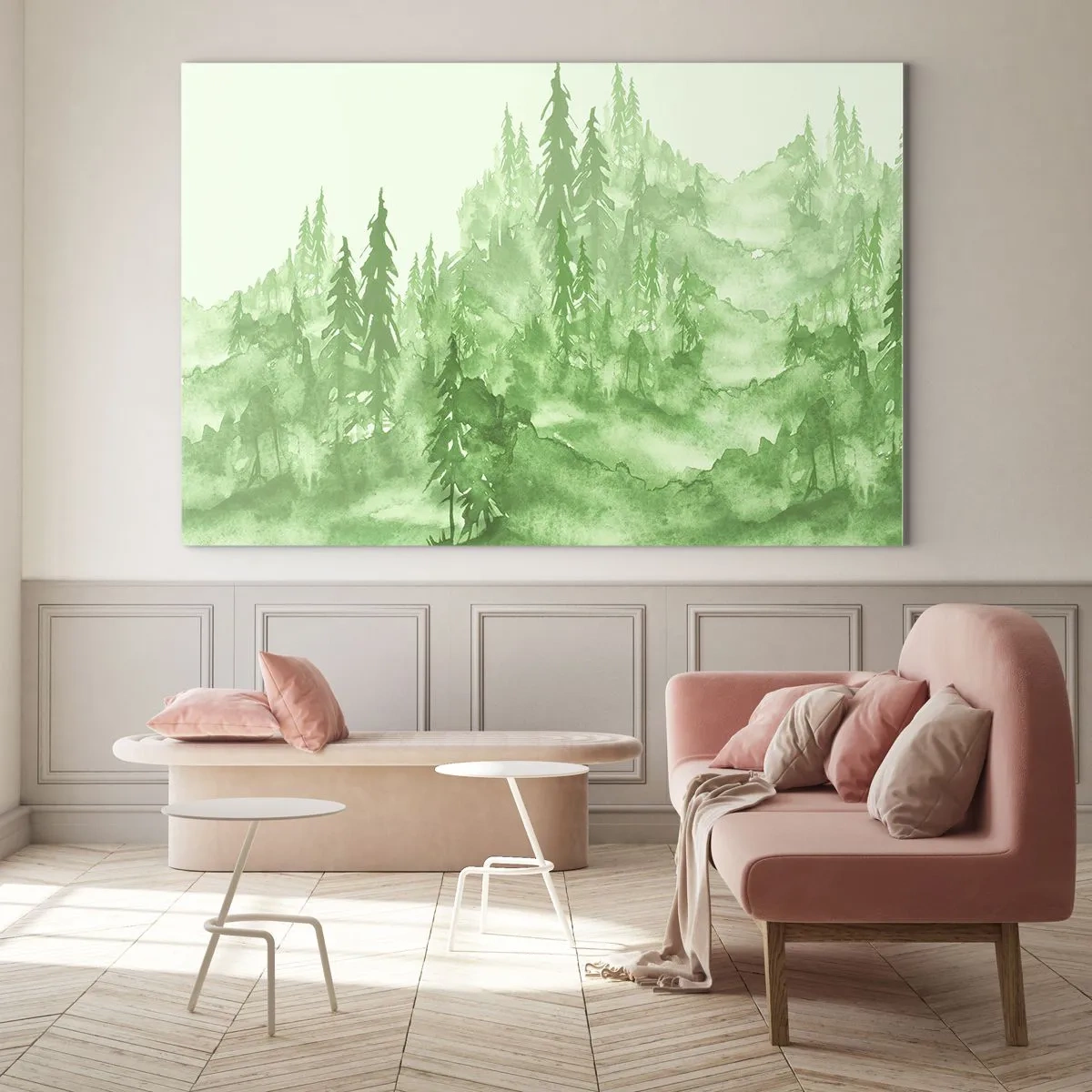 Glasbild - Bild auf glas - Grüner Wald im Aquarellstil - 70x50cm - Verschwommen mit grünem Nebel - Moderne Wanddekoration für Wohnzimmer und Schlafzimmer ARTTOR