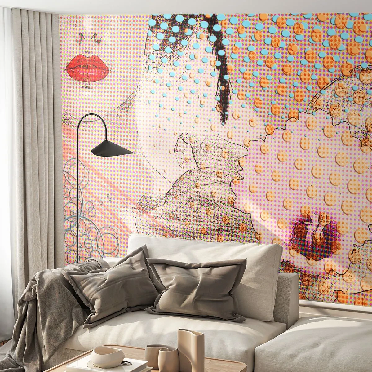 Fototapete Premium Canvas - Abstraktes Kunstwerk mit Mund- und Orchideenmotiv - 100x70cm - Comic-Heldin - Moderne Wanddekoration für Wohnzimmer und Schlafzimmer ARTTOR