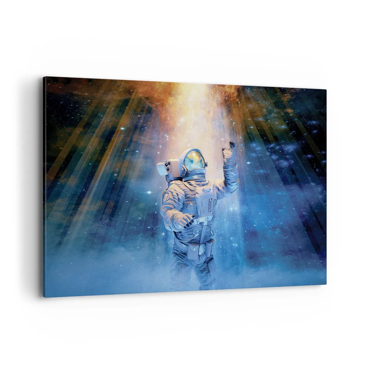 Bild auf Leinwand - Leinwandbild - Astronaut im Licht einer kosmischen Explosion voller Sterne - 120x80cm - Endlich am Ende - Moderne Wanddekoration für Wohnzimmer und Schlafzimmer ARTTOR