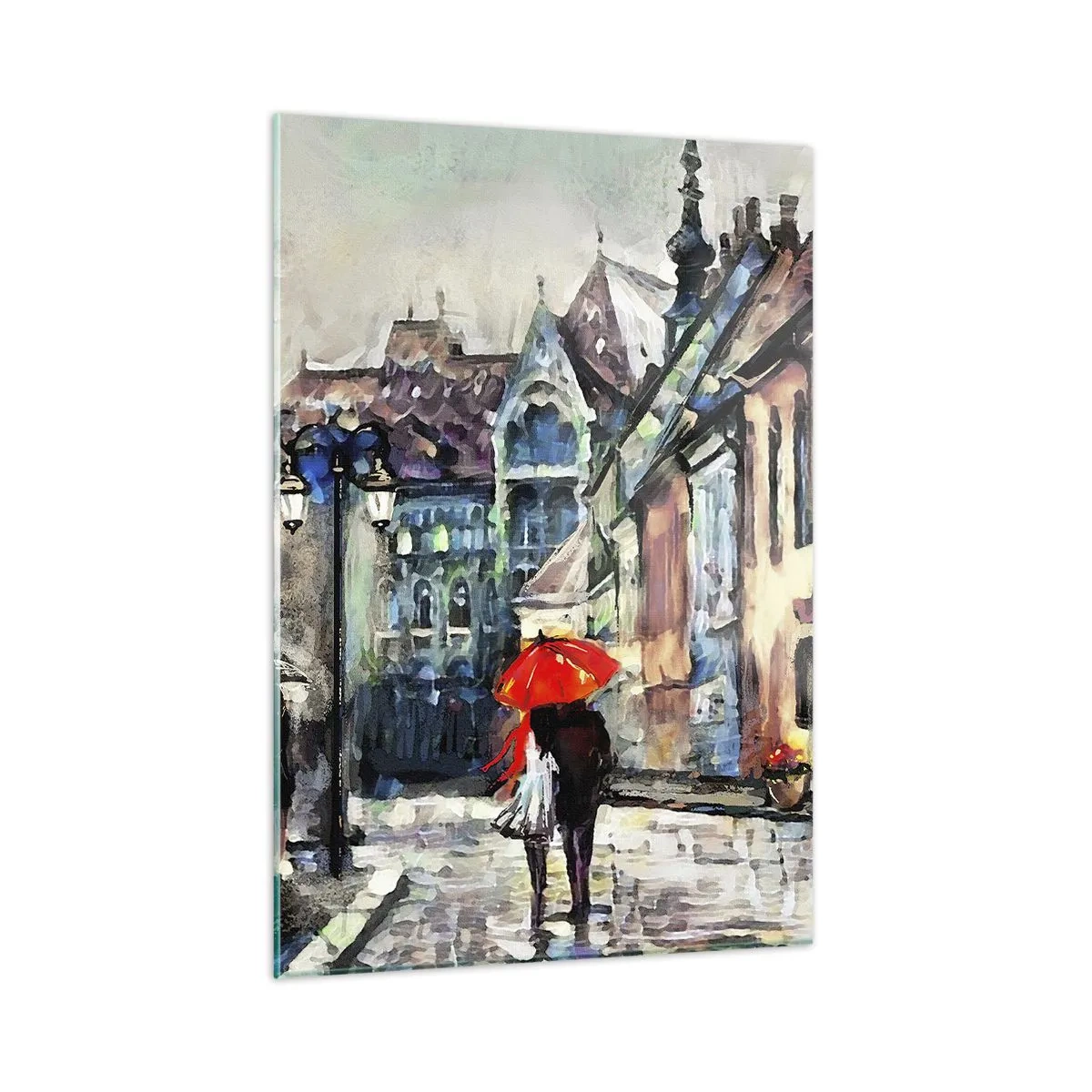 Glasbild - Bild auf glas - Ein Paar unter einem roten Regenschirm schlendert durch eine malerische Straße - 50x70cm - Regen für Zwei - Moderne Wanddekoration für Wohnzimmer und Schlafzimmer ARTTOR