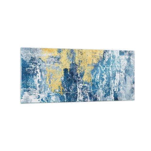 Glasbild - Bild auf glas - Abstraktion in Blau- und Gelbtönen - 120x50cm - Abstraktion voller Wetter - Moderne Wanddekoration für Wohnzimmer und Schlafzimmer ARTTOR