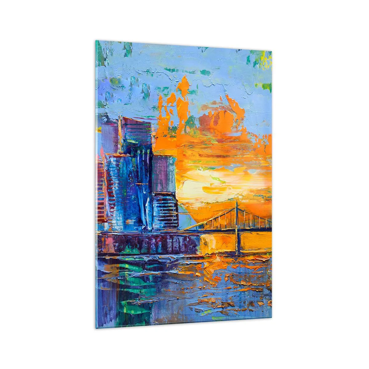 Glasbild - Bild auf glas - Eine farbenfrohe Stadt mit einer Brücke in der untergehenden Sonne - 70x100cm - Kultur und Natur - Moderne Wanddekoration für Wohnzimmer und Schlafzimmer ARTTOR