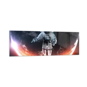 Glasbild - Bild auf glas - Ein Astronaut schwebt über einer sonnenbeschienenen Erde - 160x50cm - Kann ich noch eine Weile bleiben? - Moderne Wanddekoration für Wohnzimmer und Schlafzimmer ARTTOR
