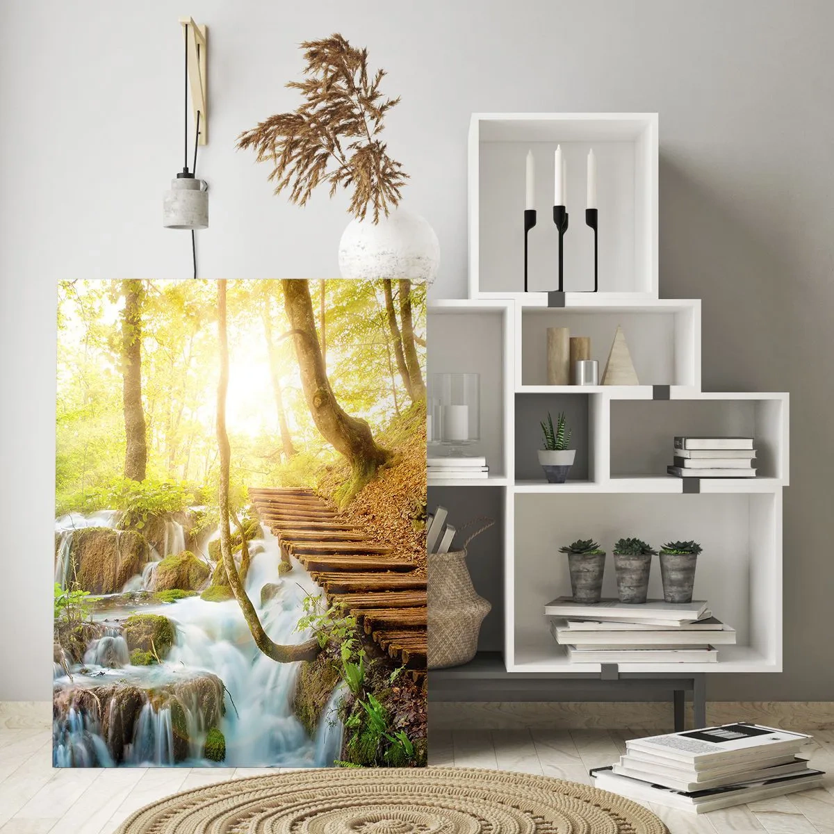 Glasbild - Bild auf glas - Waldweg mit Holztreppe am Wasserfall - 70x100cm - Eine ersehnte Kühle - Moderne Wanddekoration für Wohnzimmer und Schlafzimmer ARTTOR