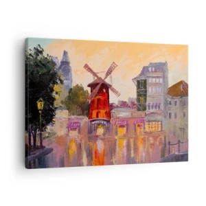 Bild auf Leinwand - Leinwandbild - Die rote Windmühle des Moulin Rouge, umgeben von der Stadtlandschaft - 70x50cm - Pariser Ikonen – Moulin Rouge - Moderne Wanddekoration für Wohnzimmer und Schlafzimmer ARTTOR
