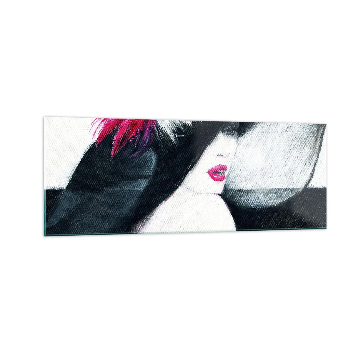 Glasbild - Bild auf glas - Stilvolle Frau mit Federhut - 140x50cm - Immer ein Geheimnis - Moderne Wanddekoration für Wohnzimmer und Schlafzimmer ARTTOR