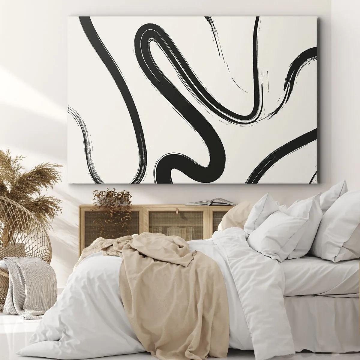 Bild auf Leinwand - Leinwandbild - Schwarz-weiße geschwungene Linien auf hellem Hintergrund - 70x50cm - Schwarz-Weiß-Laune - Moderne Wanddekoration für Wohnzimmer und Schlafzimmer ARTTOR