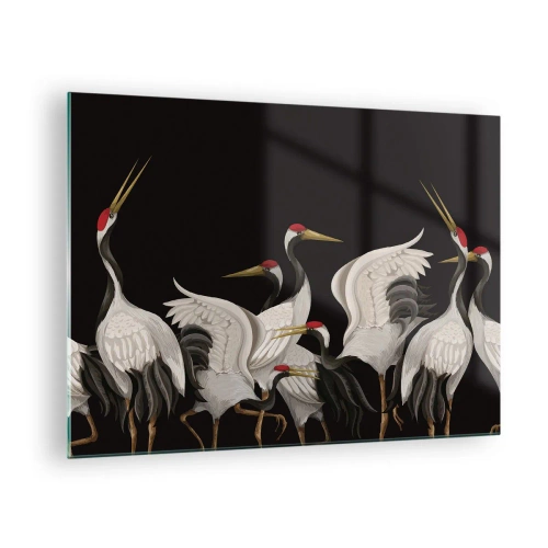 Glasbild - Bild auf glas - Weiße Kraniche mit roten Köpfen auf schwarzem Hintergrund - 70x50cm - Vogelsachen - Moderne Wanddekoration für Wohnzimmer und Schlafzimmer ARTTOR