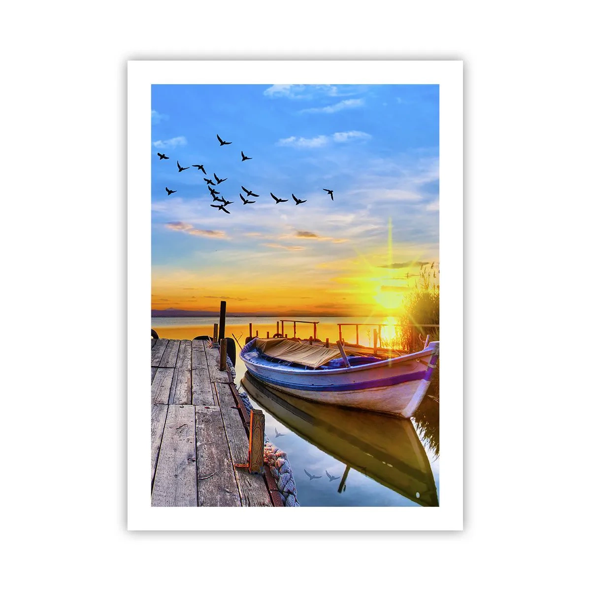 Poster - Ein Boot auf einem See bei Sonnenuntergang mit Vögeln im Hintergrund - 50x70cm - Bis morgen - Moderne Wanddekoration für Wohnzimmer und Schlafzimmer ARTTOR