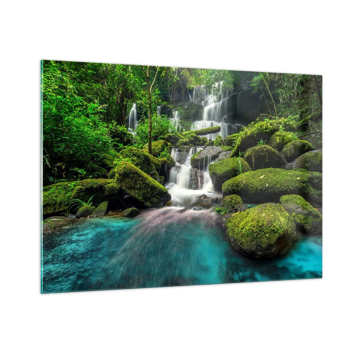 Glasbild - Bild auf glas - Ein exotischer Wasserfall, umgeben von üppigem Grün und türkisfarbenem Wasser - 100x70cm - Türkis, Saphire und flüssiges Silber - Moderne Wanddekoration für Wohnzimmer und Schlafzimmer ARTTOR