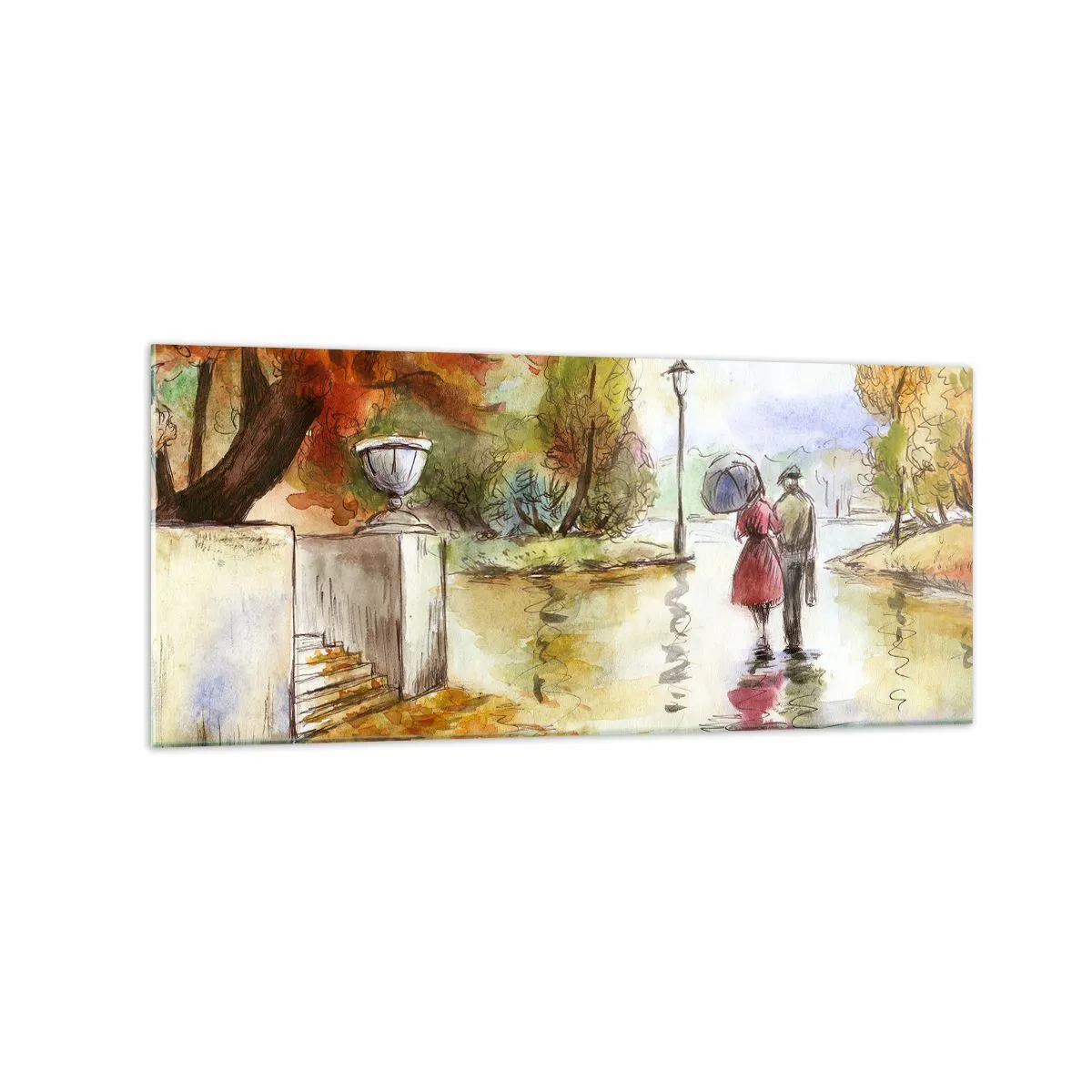 Glasbild - Bild auf glas - Ein Spaziergang im Herbstpark mit einem Regenschirm - 120x50cm - Romantischer Herbst im Park - Moderne Wanddekoration für Wohnzimmer und Schlafzimmer ARTTOR