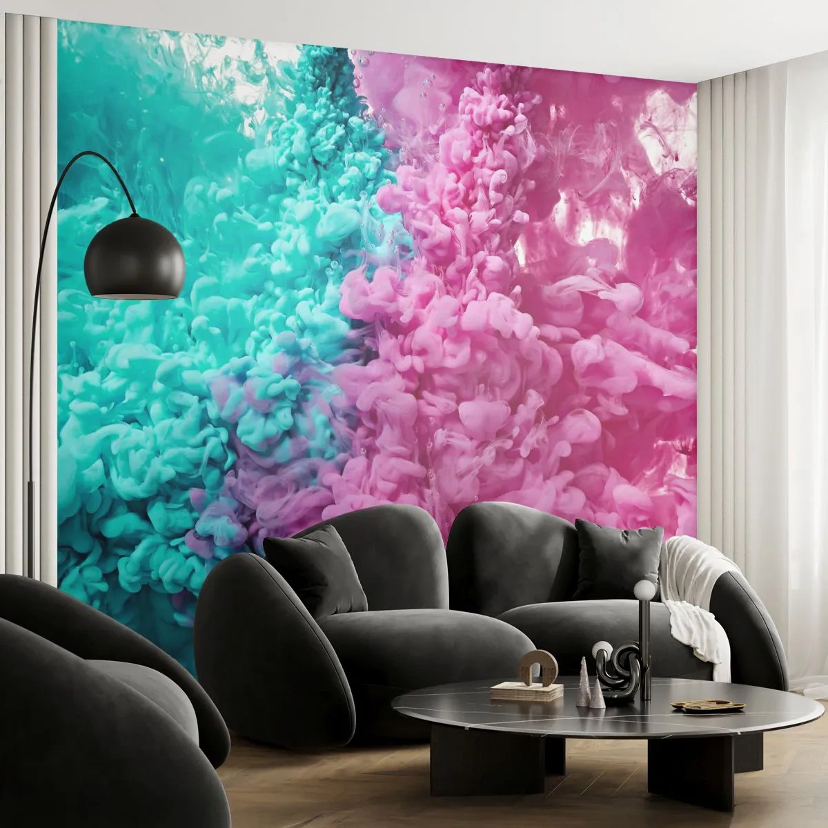 Fototapete Premium Sand - Eine abstrakte Mischung aus türkisfarbenem und rosa Rauch. - 100x70cm - Letzte Begegnung - Moderne Wanddekoration für Wohnzimmer und Schlafzimmer ARTTOR