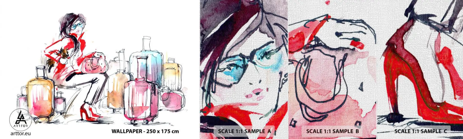 Fototapeten Muster Premium Canvas - Setzen wir uns vor der Reise hin - Frau, Reise, Koffer - 100x30 cm