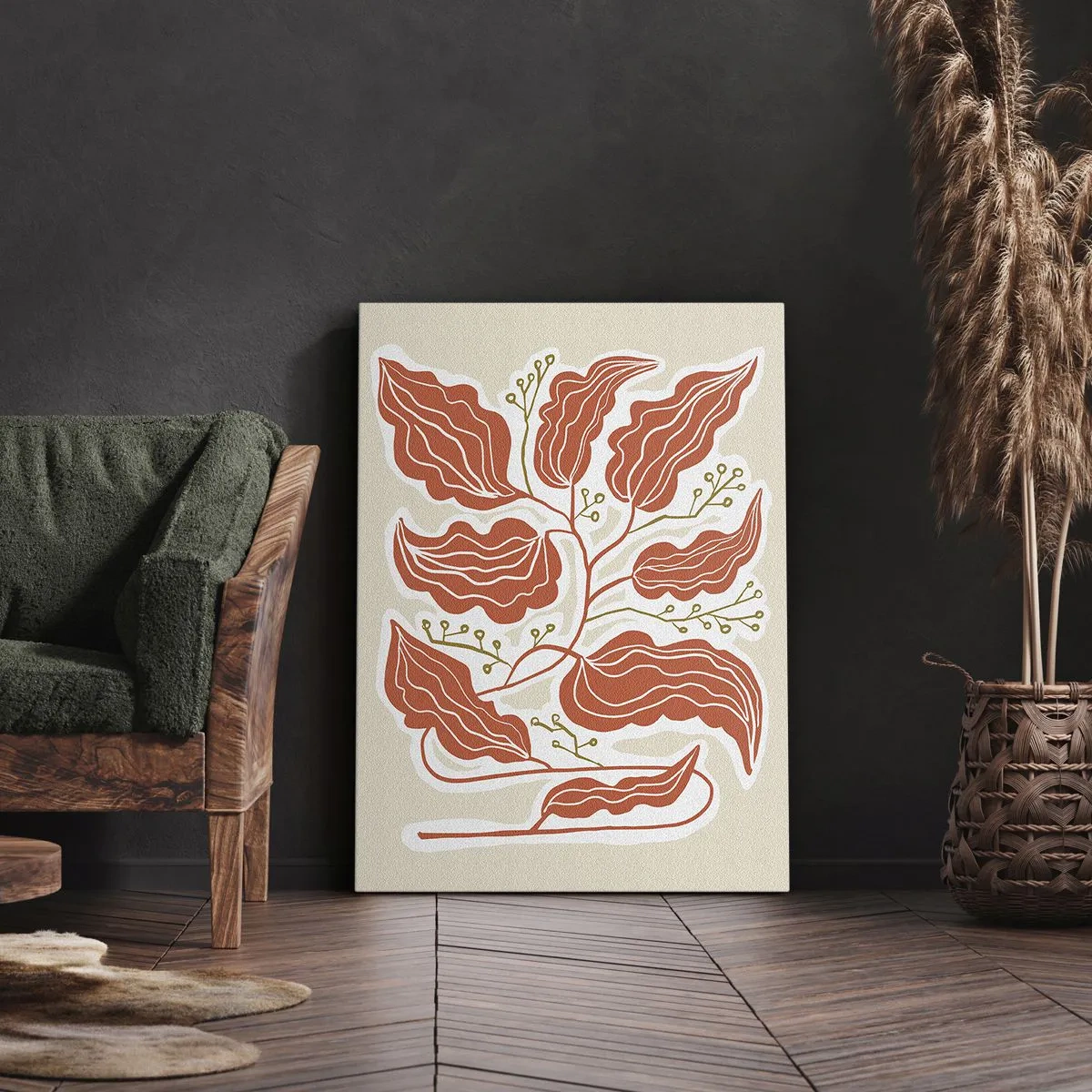 Bild auf Leinwand - Leinwandbild - Ein minimalistisches Blattmotiv in Orange- und Grüntönen. - 50x70cm - Im Folkstil und korallenartig - Moderne Wanddekoration für Wohnzimmer und Schlafzimmer ARTTOR