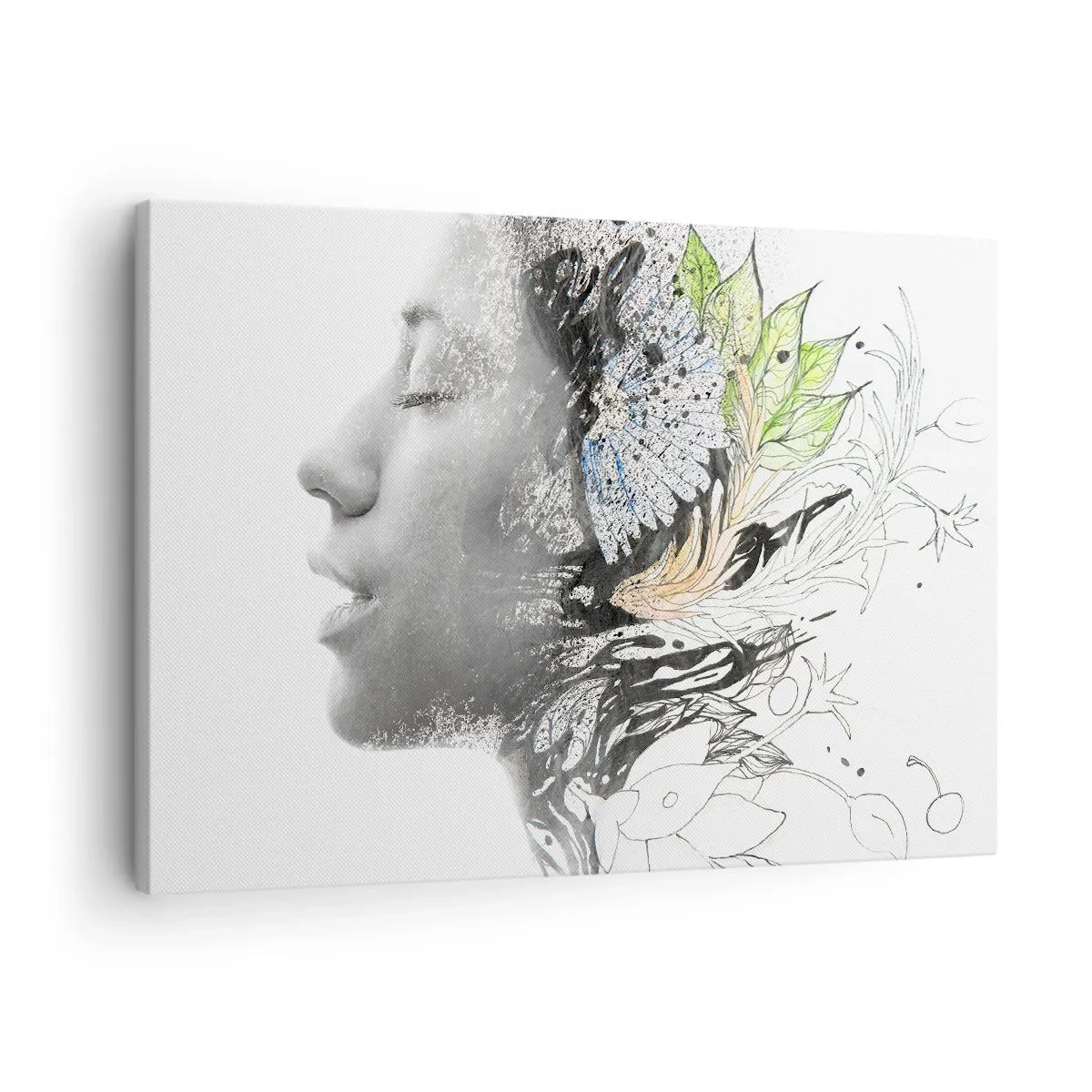Bild auf Leinwand - Leinwandbild - Profil einer Frau in einer künstlerischen Collage aus Natur und Schwärze - 70x50cm - Eingebettet in der Natur - Moderne Wanddekoration für Wohnzimmer und Schlafzimmer ARTTOR