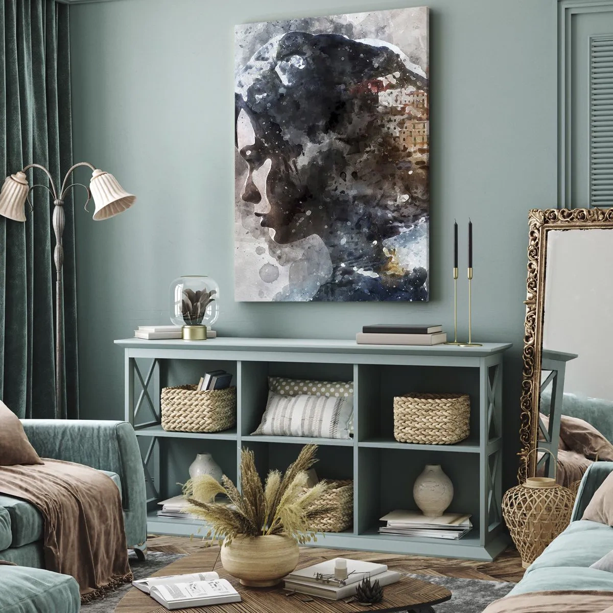 Bild auf Leinwand - Leinwandbild - Eine Geschichte über ein Mädchen mit einer Stadt im Hintergrund - 65x120 cm