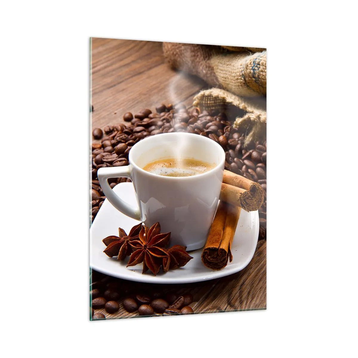 Glasbild - Bild auf glas - Eine Tasse Kaffee mit Zimt und Kaffeebohnen auf einem Holztisch - 50x70cm - Würziger Geschmack und Aroma - Moderne Wanddekoration für Wohnzimmer und Schlafzimmer ARTTOR