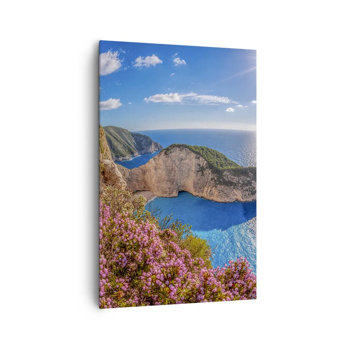 Bild auf Leinwand - Leinwandbild - Eine Klippe mit Blumen, ein türkisfarbenes Meer und eine sonnige griechische Landschaft - 80x120cm - Mein toller Griechenlandurlaub - Moderne Wanddekoration für Wohnzimmer und Schlafzimmer ARTTOR