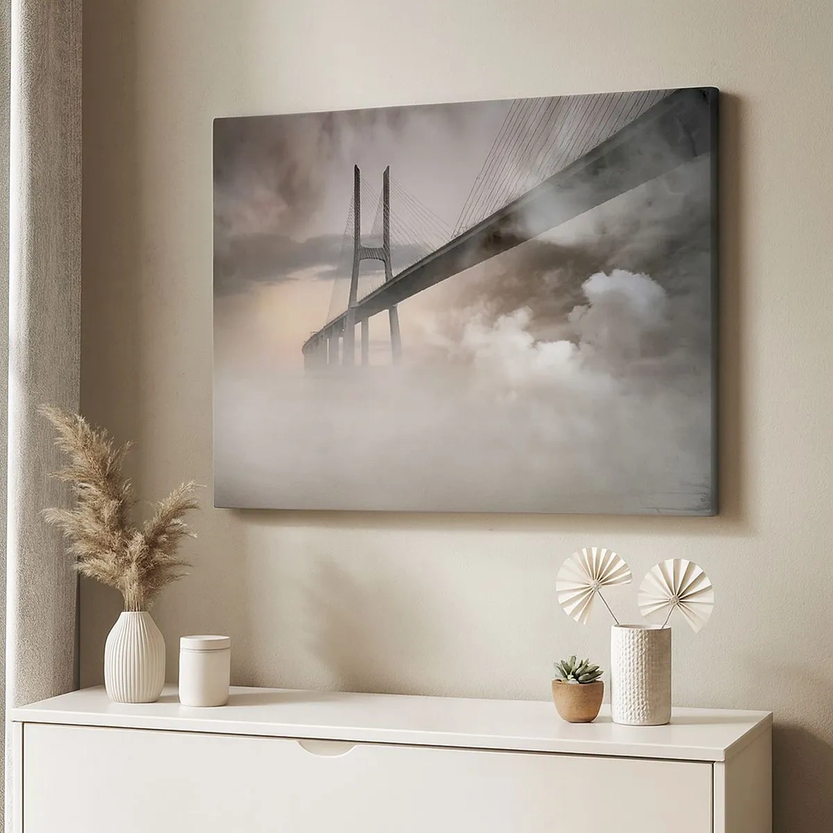Bild auf Leinwand - Leinwandbild - Eine Brücke über einen Fluss, umgeben von Nebel am Morgen - 70x50cm - Auf dem Fluss, den es nicht gibt - Moderne Wanddekoration für Wohnzimmer und Schlafzimmer ARTTOR