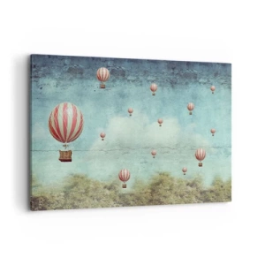Bild auf Leinwand - Leinwandbild - Retro-Ballons vor blauem Himmel und grünem Hintergrund - 120x80cm - Frei von der Hektik des Lebens - Moderne Wanddekoration für Wohnzimmer und Schlafzimmer ARTTOR